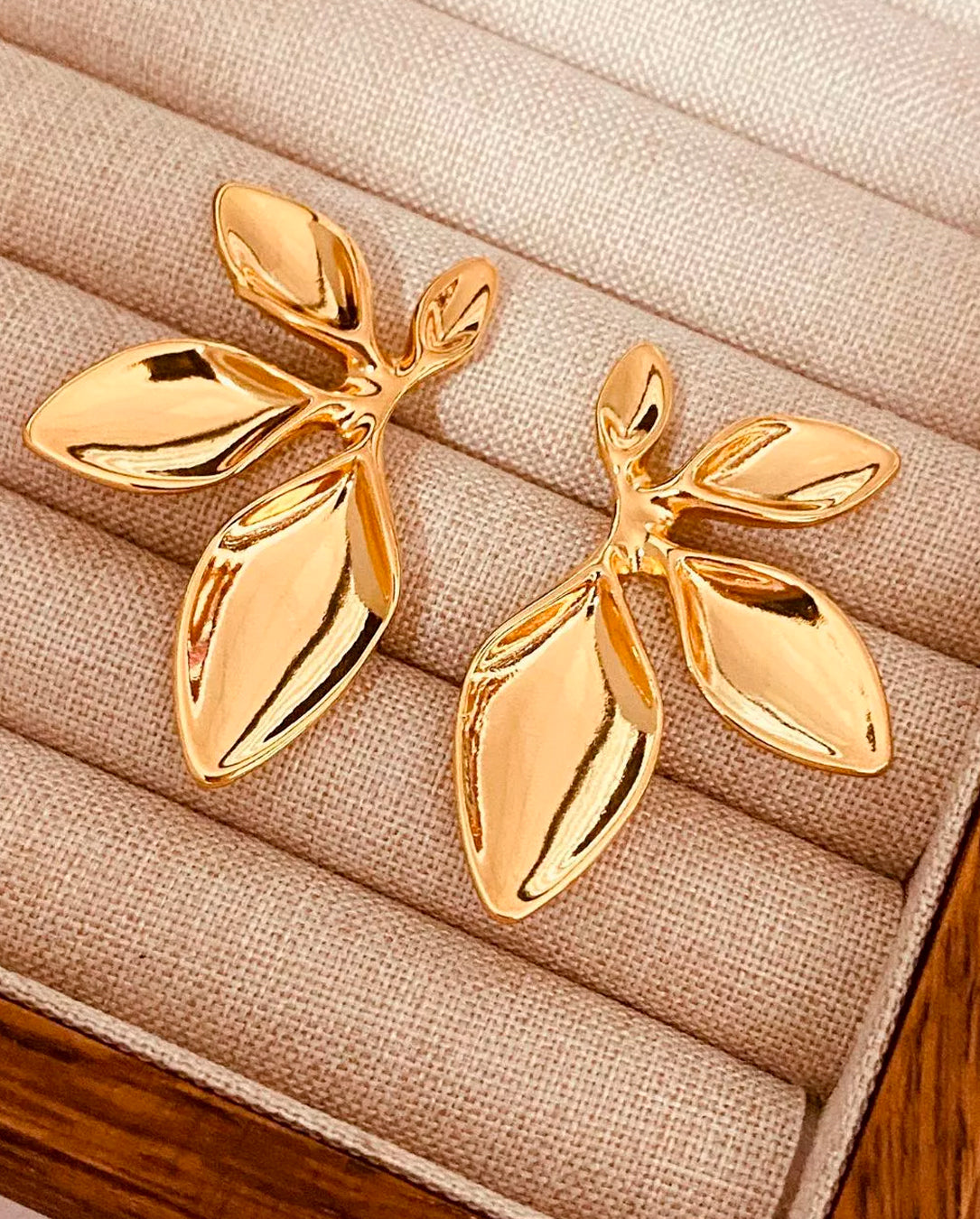 Brinco Feminino De Folhas Texturizada Banhado A Cobre Dourado Ou Prata
