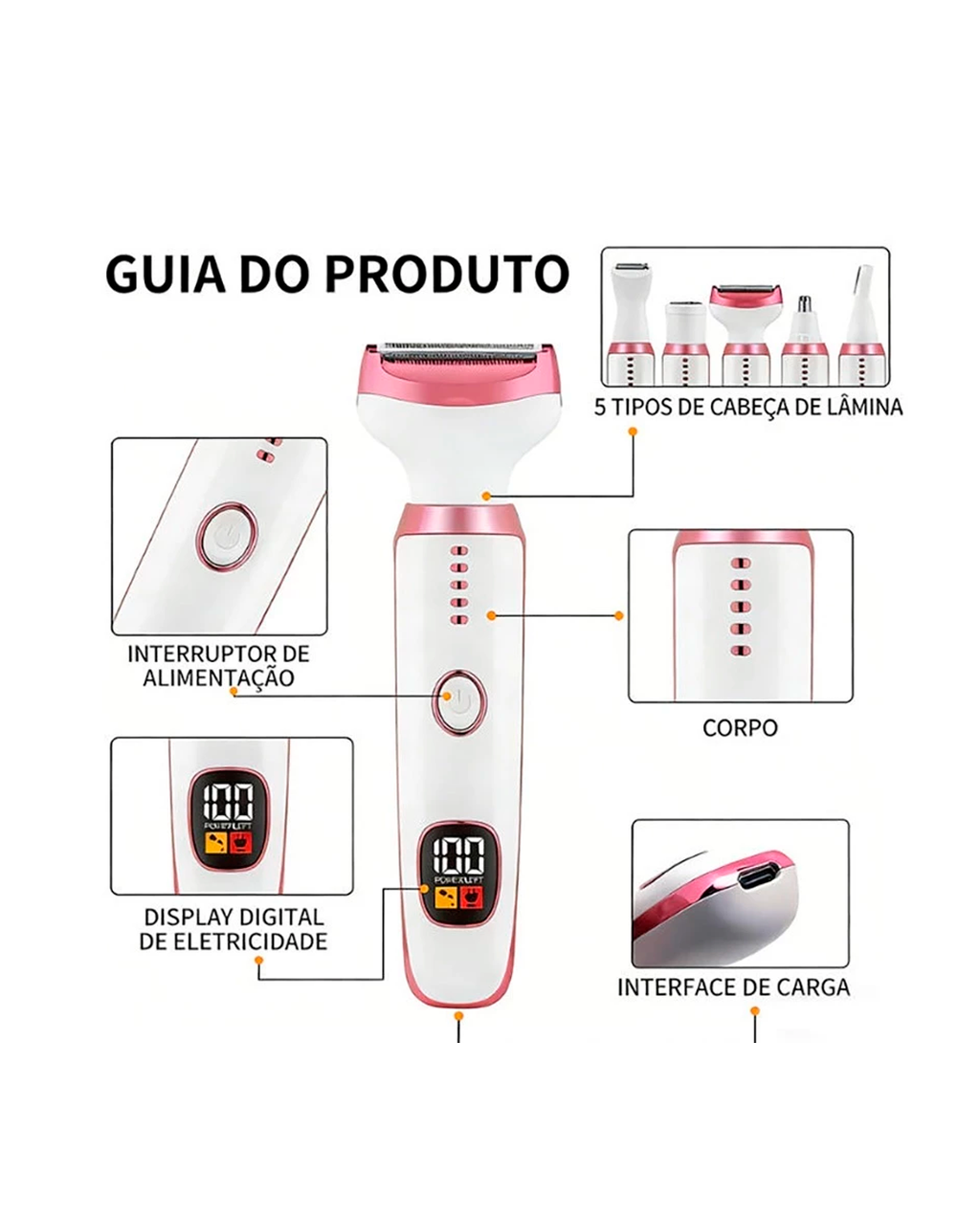 Depilador E Aparador 5 Em 1 Com Tela LED Para Sobrancelhas E Regiões Do Corpo