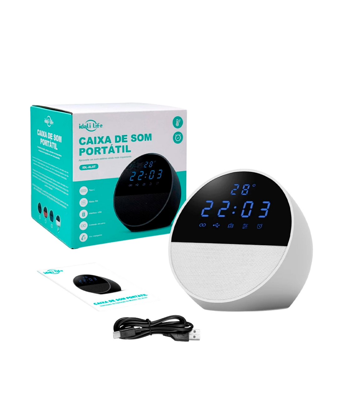 Caixa de Som Bluetooth Rádio Relógio IDALI LIFE 15W Despertador Digital LED Portátil