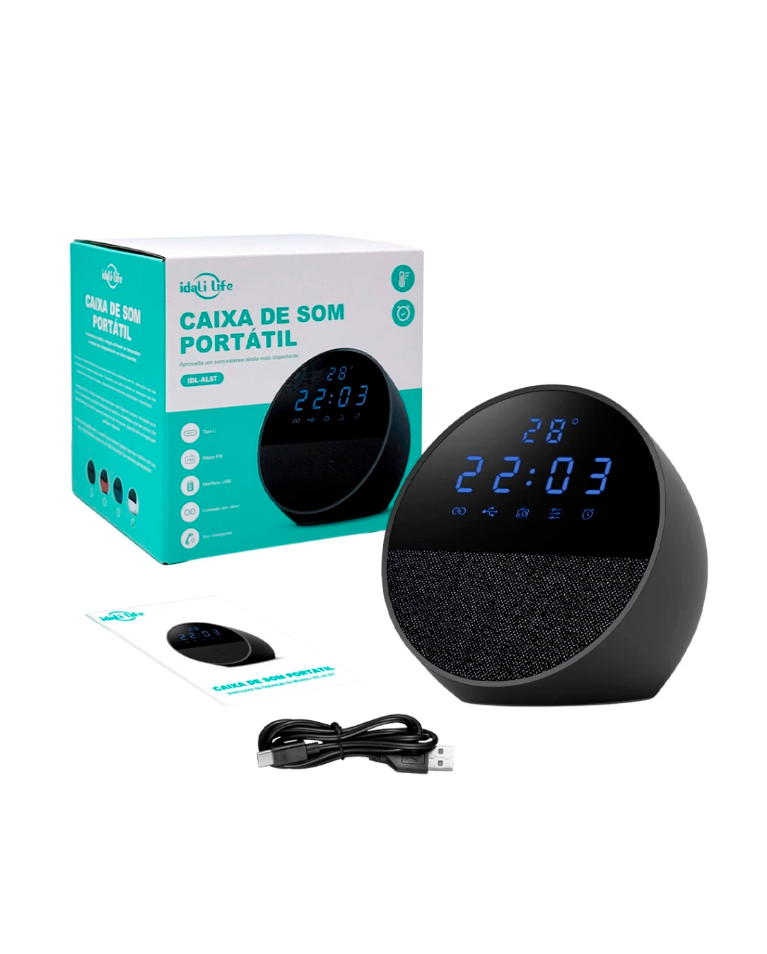 Caixa de Som Bluetooth Rádio Relógio IDALI LIFE 15W Despertador Digital LED Portátil