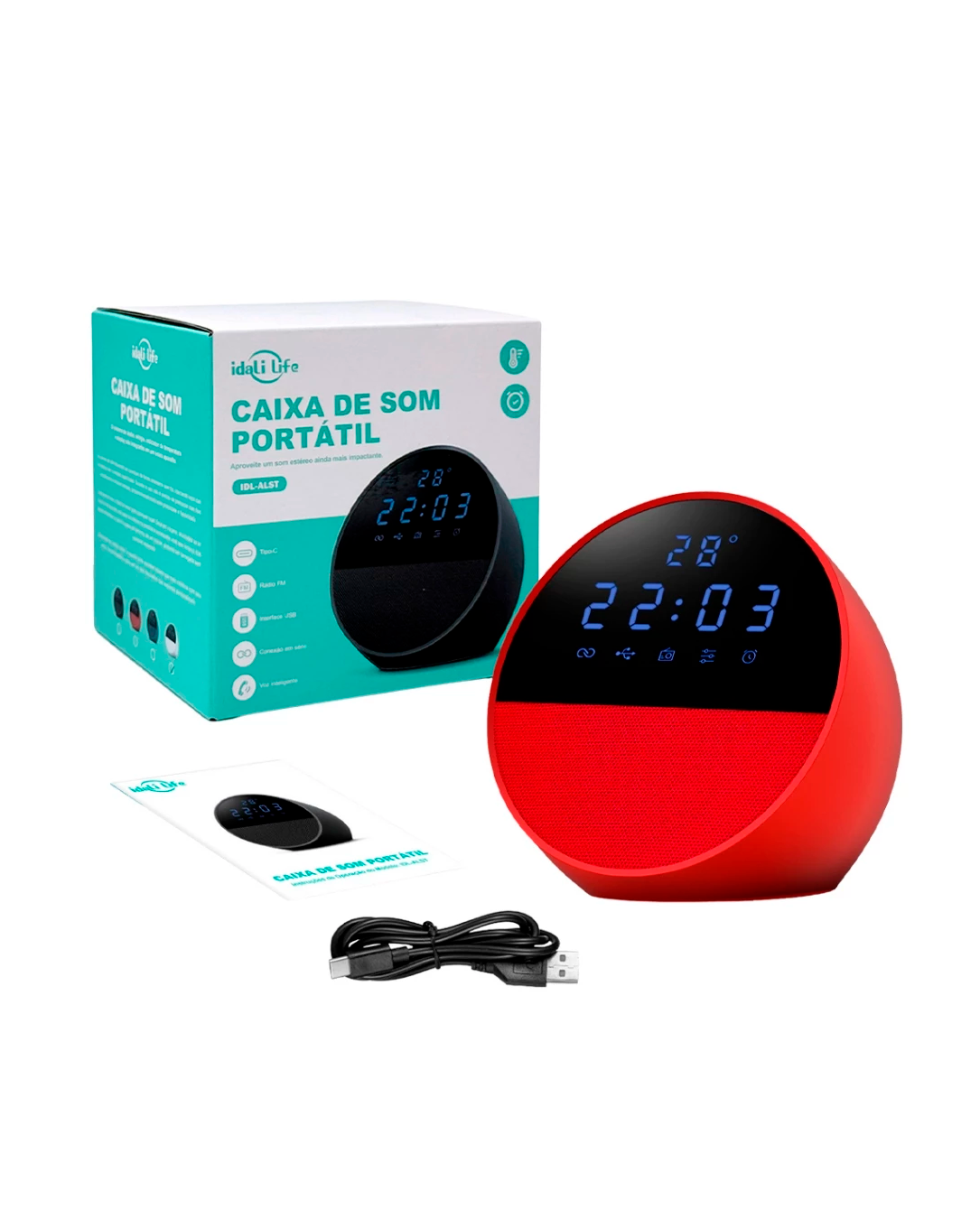 Caixa de Som Bluetooth Rádio Relógio IDALI LIFE 15W Despertador Digital LED Portátil