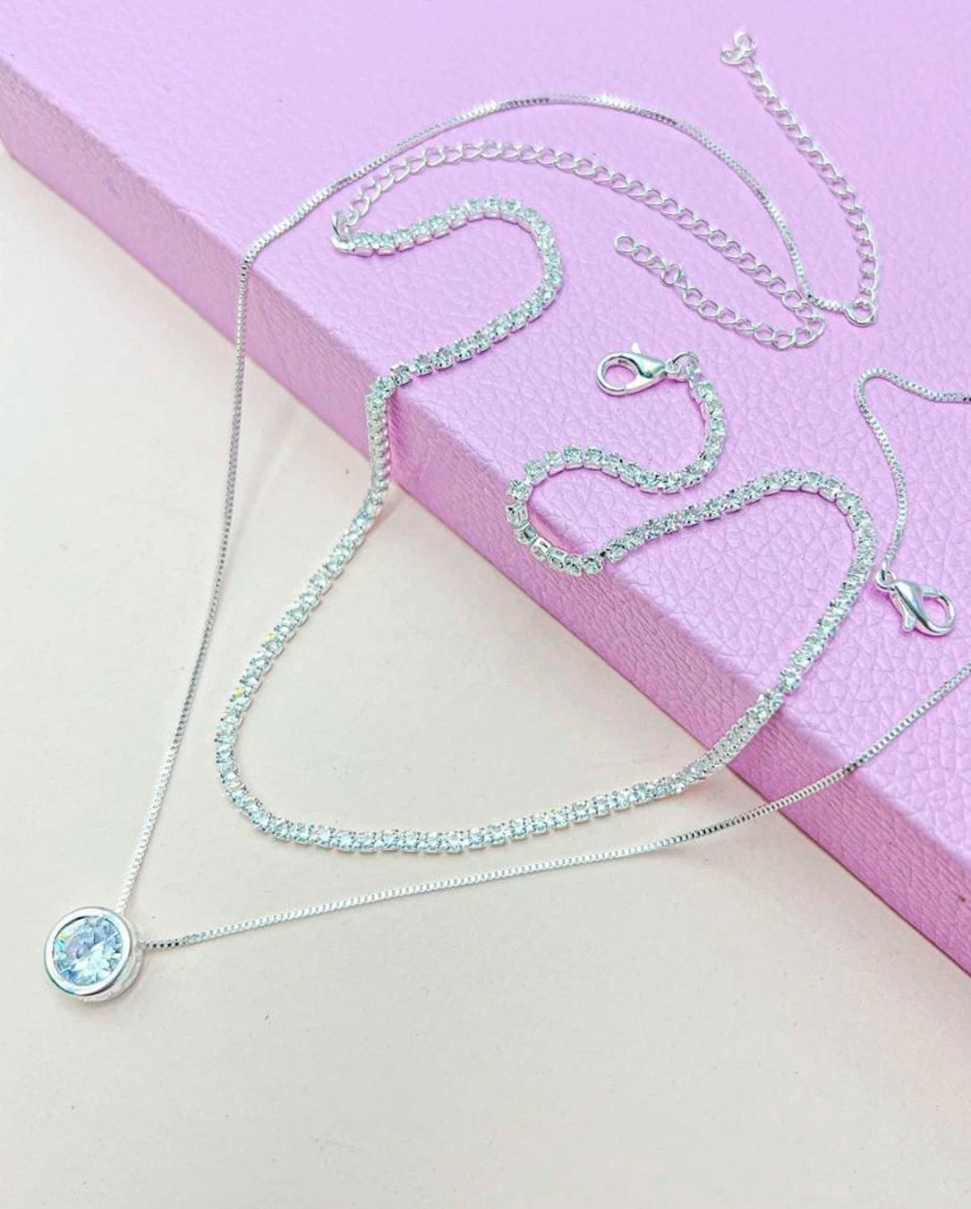 Kit Choker Feminino Riviera Cristal e Colar Ponto De Luz Prateado