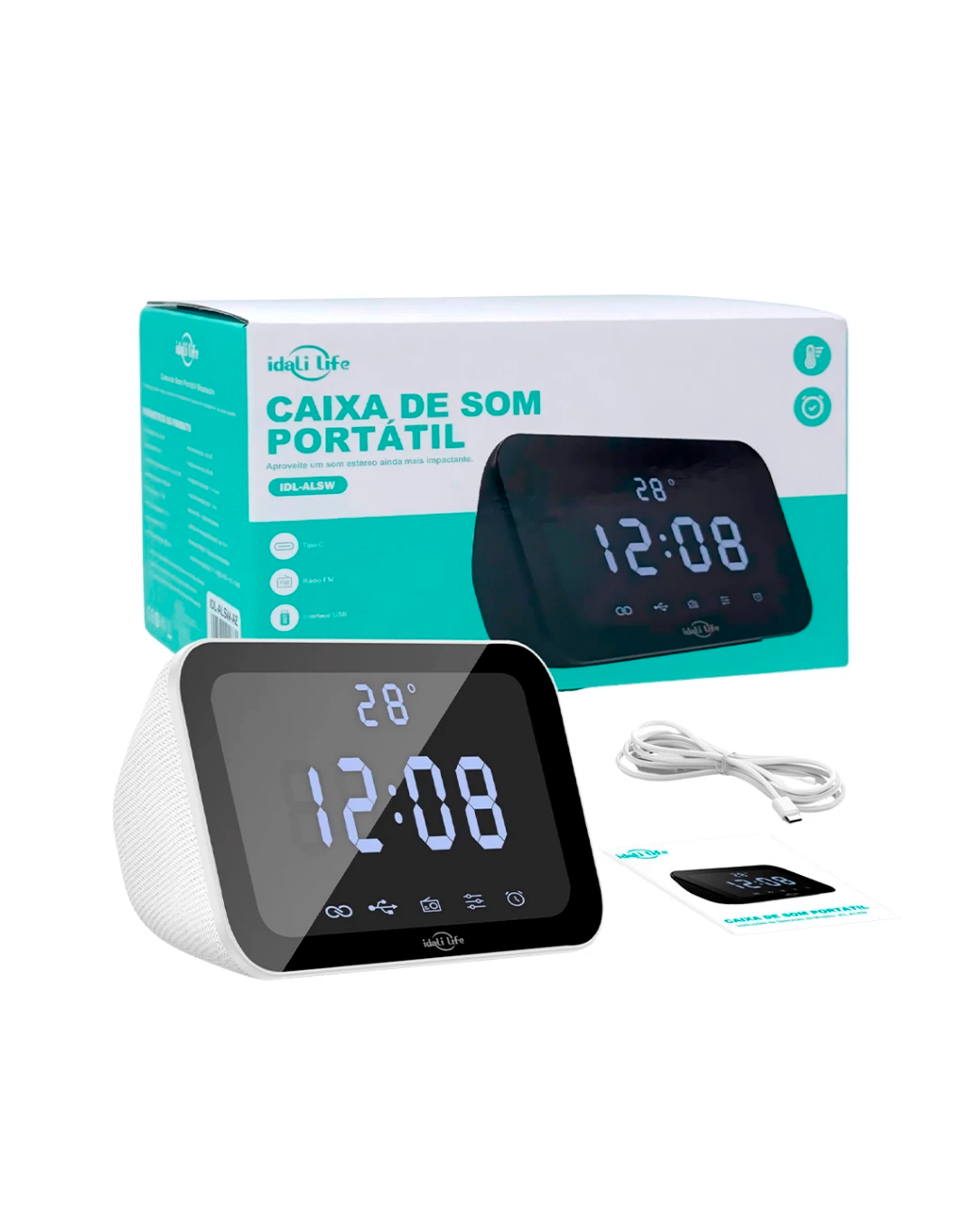 Caixa de Som Bluetooth IDALI LIFE 15W Relógio Digital Despertador LED Temperatura USB