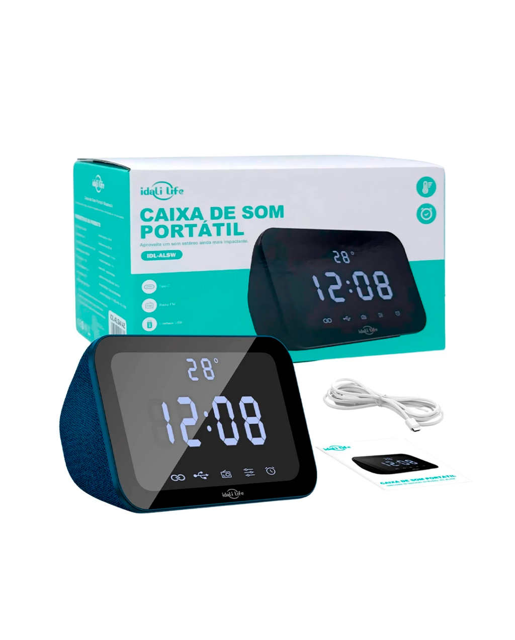 Caixa de Som Bluetooth IDALI LIFE 15W Relógio Digital Despertador LED Temperatura USB