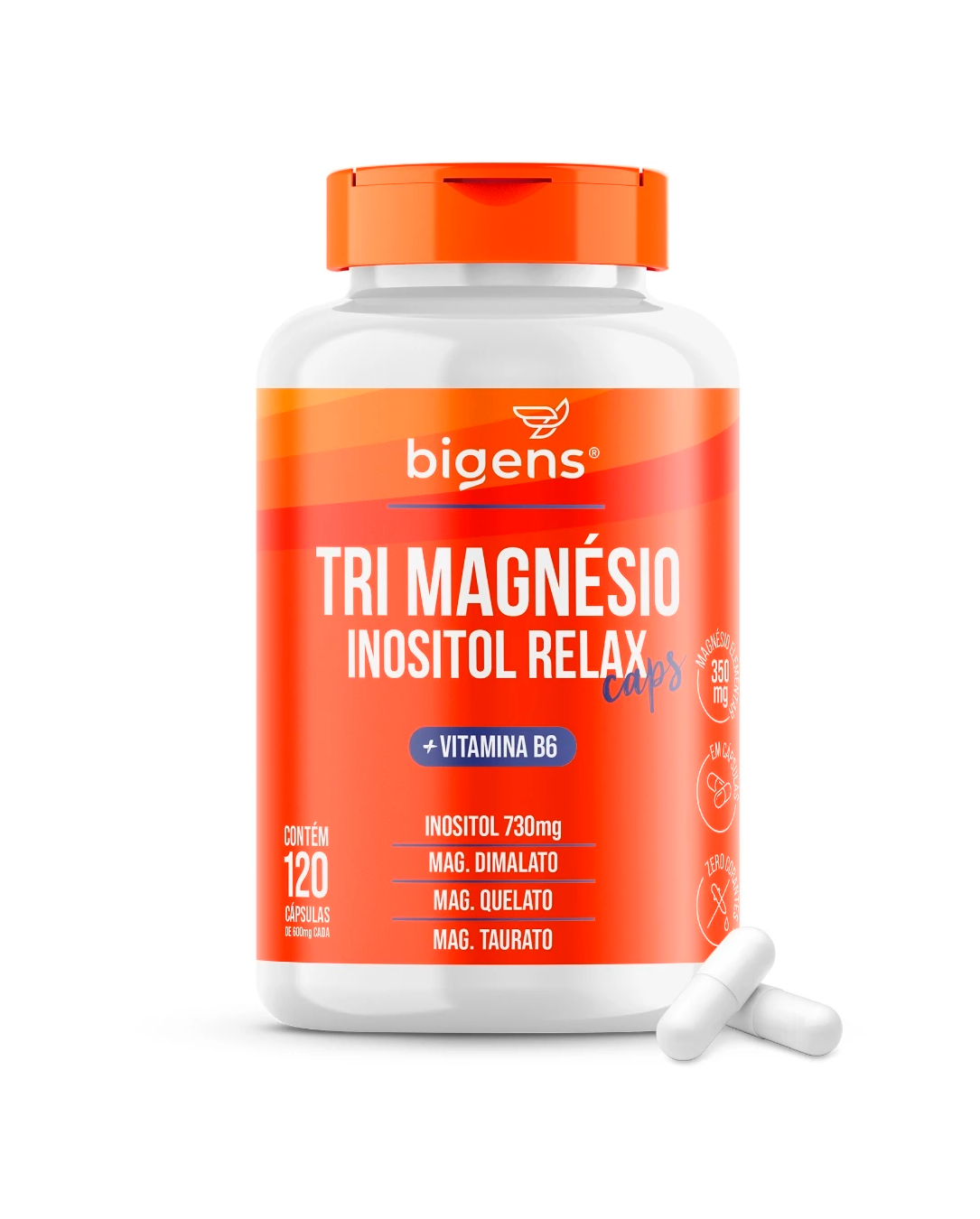 Tri Magnésio (dimalato, quelato e taurato) Inositol Relax, Vitamina B6, 120 Cápsulas, Bigens