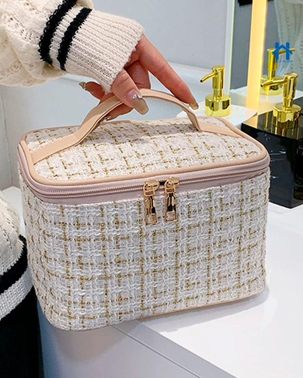 Bolsa Necessaire Tweed Feminina Com Zíper E Alça em Courinho