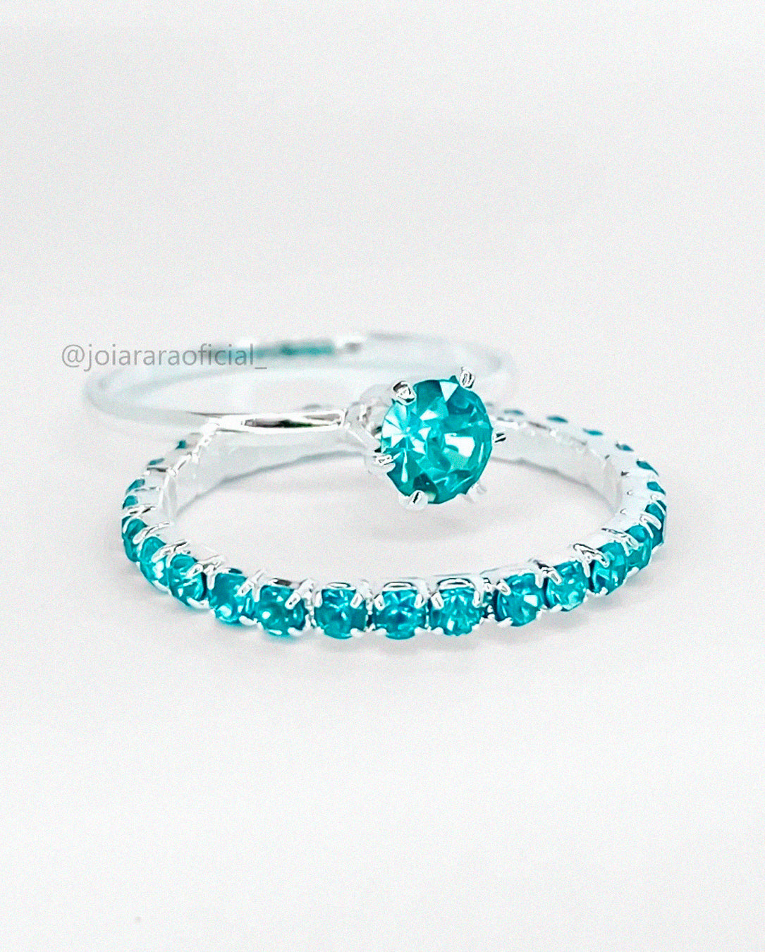 Kit 2 Anéis Banhados – Solitário e Aparador com Strass Azul Turquesa