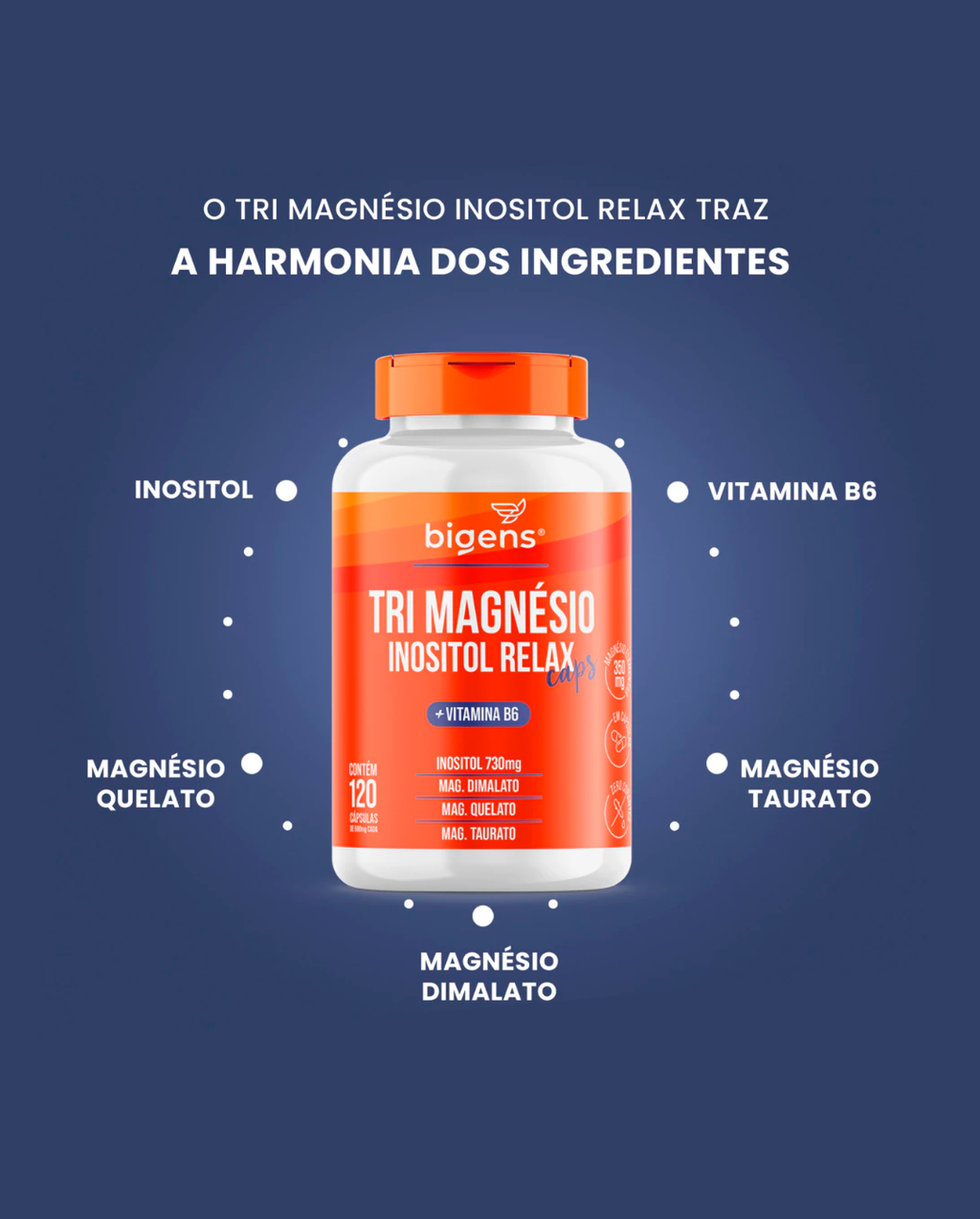Tri Magnésio (dimalato, quelato e taurato) Inositol Relax, Vitamina B6, 120 Cápsulas, Bigens