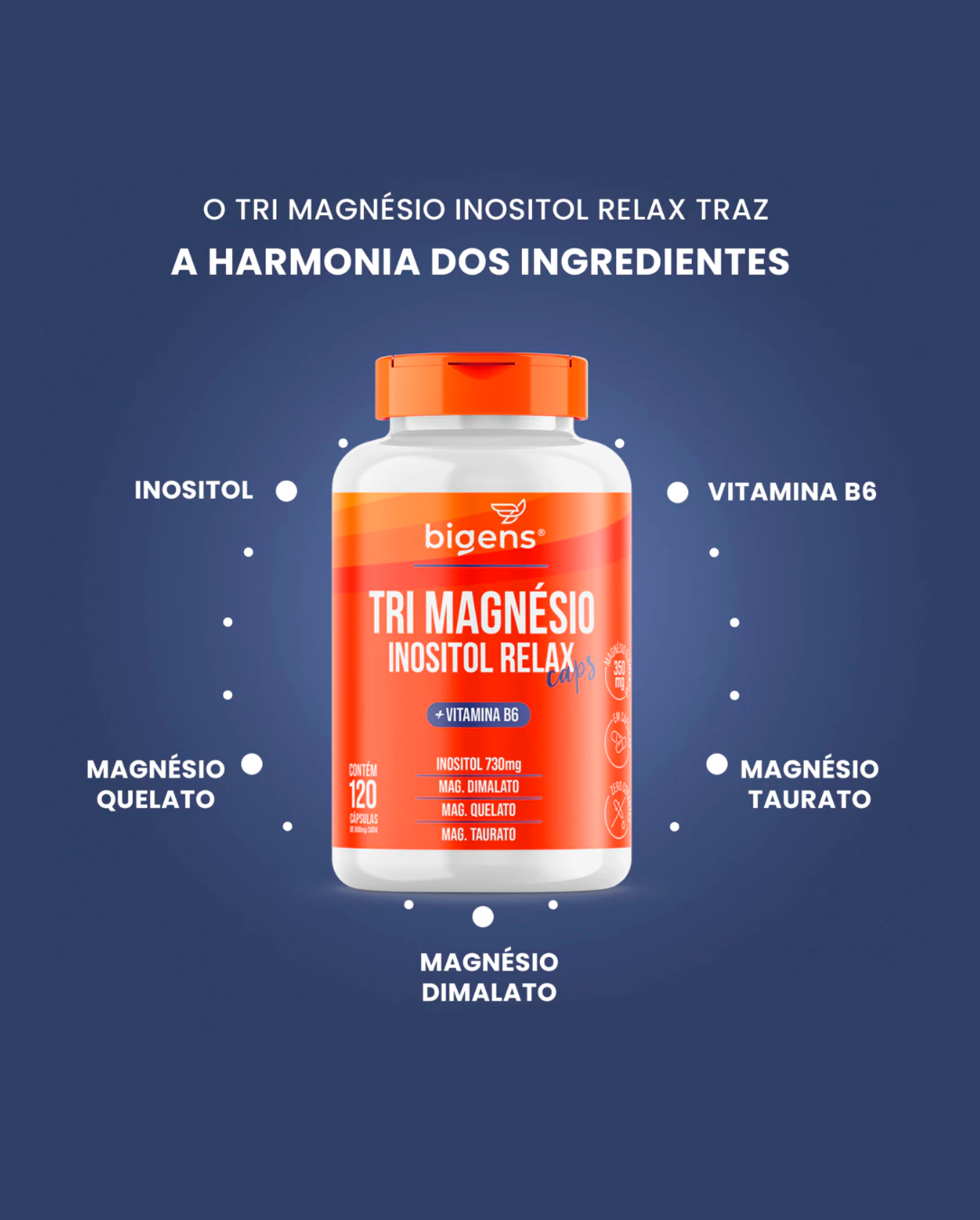 Tri Magnésio (dimalato, quelato e taurato) Inositol Relax, Vitamina B6, 120 Cápsulas, Bigens