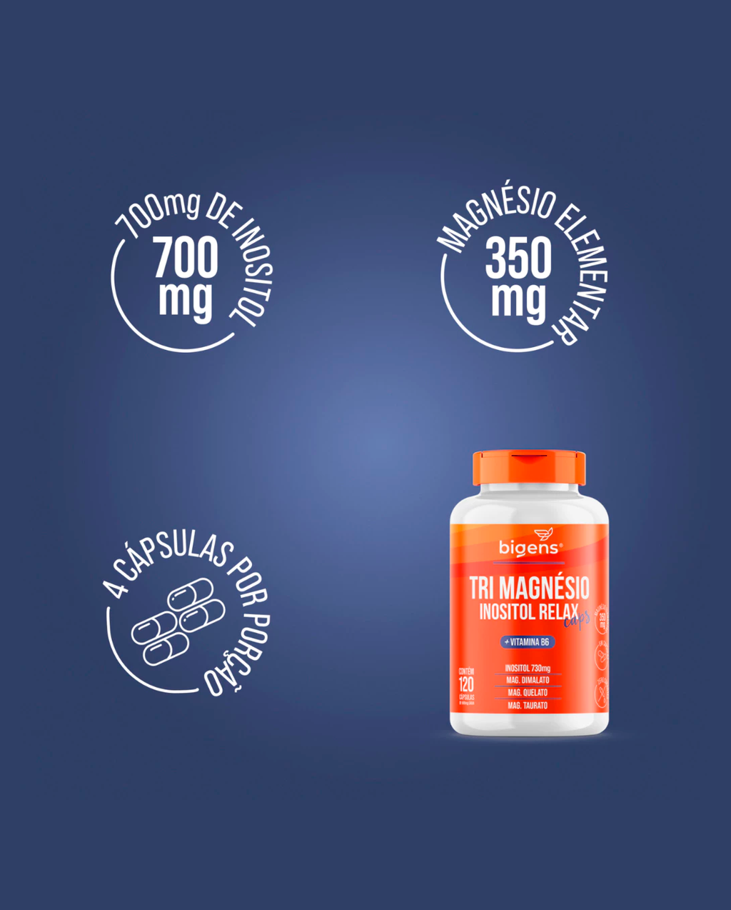 Tri Magnésio (dimalato, quelato e taurato) Inositol Relax, Vitamina B6, 120 Cápsulas, Bigens