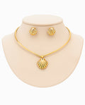 Kit Choker Ajustável e Brincos Concha Folheados Antialérgico Dourado e Prata