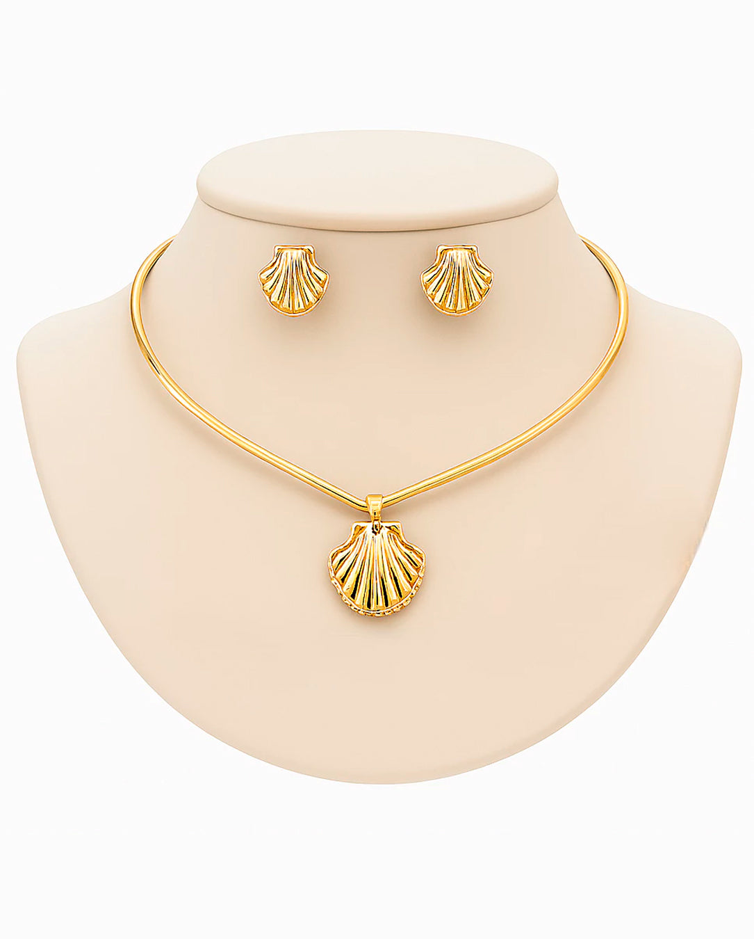 Kit Choker Ajustável e Brincos Concha Folheados Antialérgico Dourado e Prata