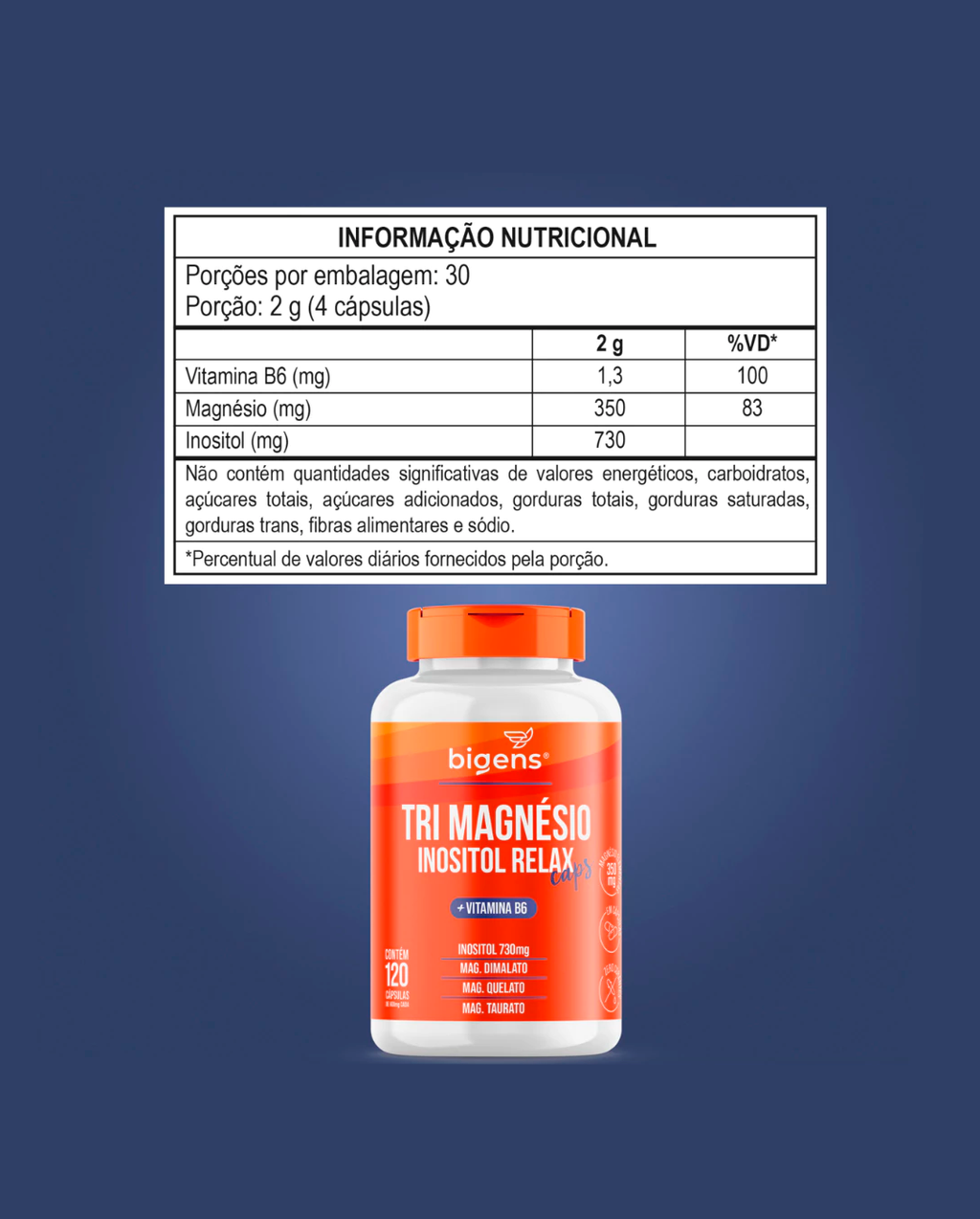 Tri Magnésio (dimalato, quelato e taurato) Inositol Relax, Vitamina B6, 120 Cápsulas, Bigens