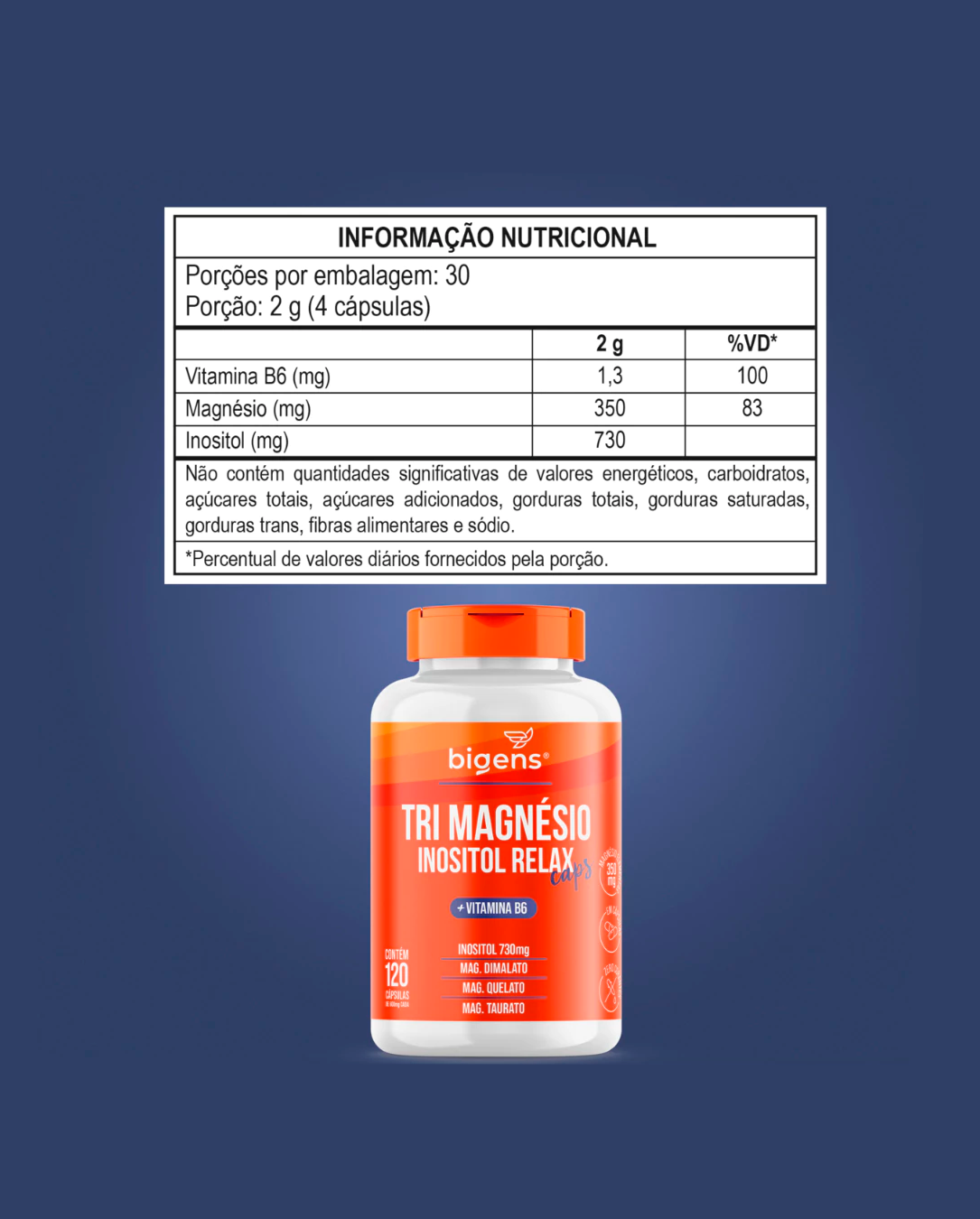 Tri Magnésio (dimalato, quelato e taurato) Inositol Relax, Vitamina B6, 120 Cápsulas, Bigens