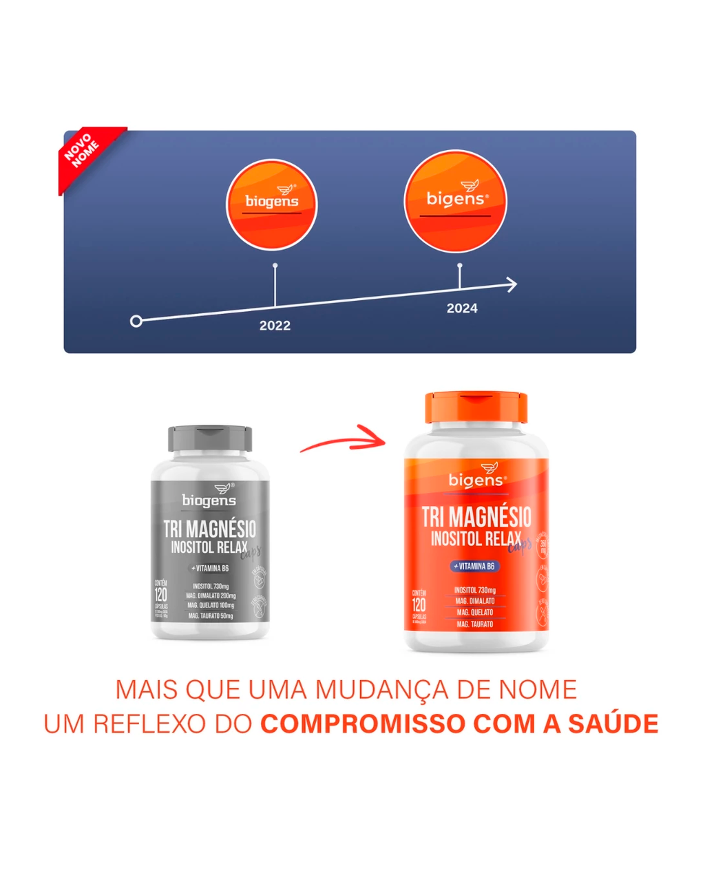 Tri Magnésio (dimalato, quelato e taurato) Inositol Relax, Vitamina B6, 120 Cápsulas, Bigens