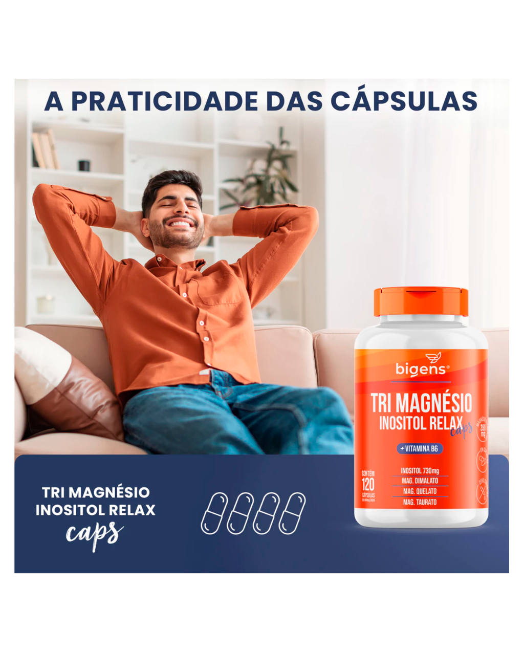 Tri Magnésio (dimalato, quelato e taurato) Inositol Relax, Vitamina B6, 120 Cápsulas, Bigens