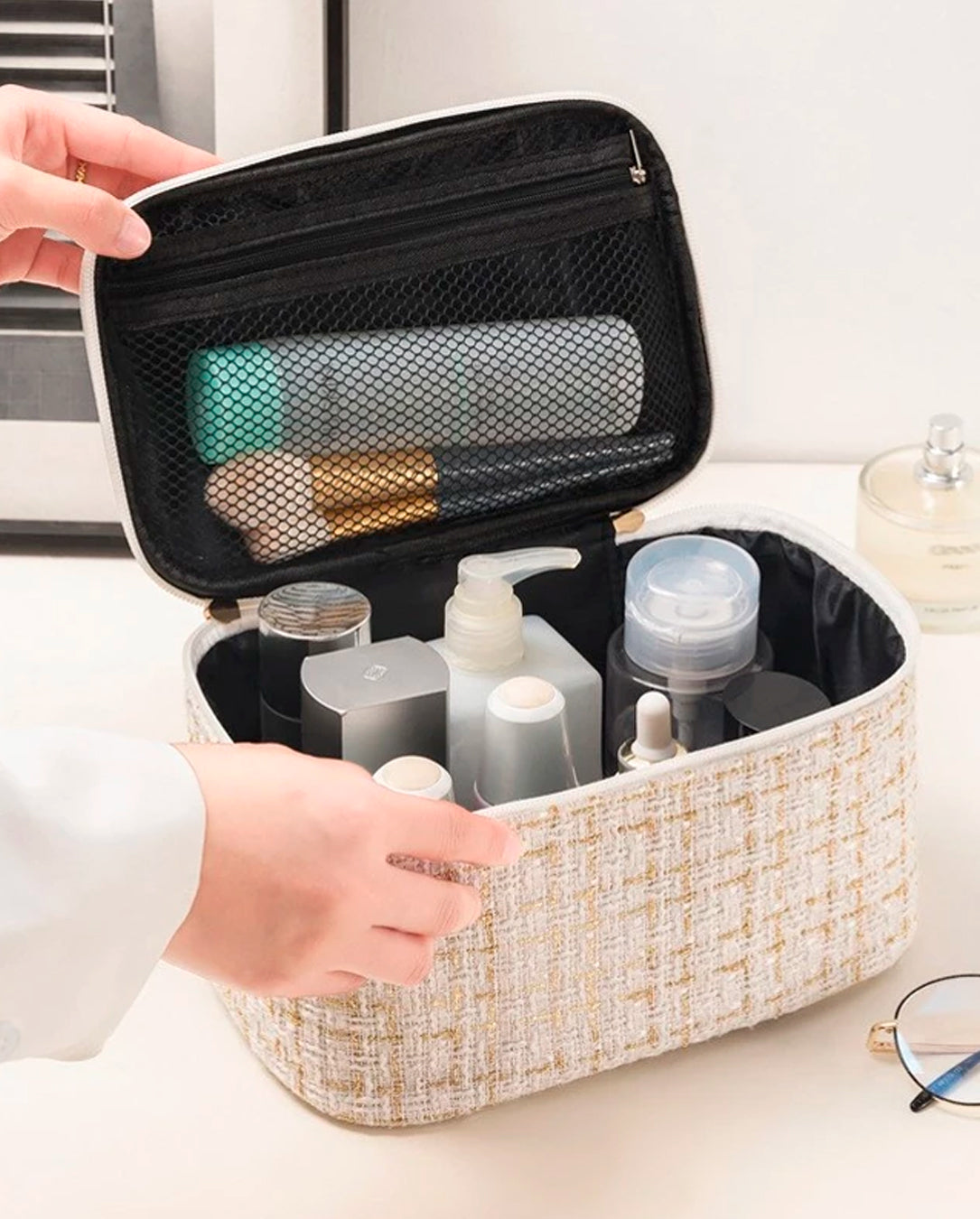 Bolsa Necessaire Tweed Feminina Com Zíper E Alça em Courinho