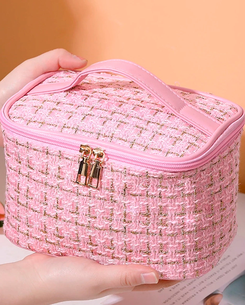 Bolsa Necessaire Tweed Feminina Com Zíper E Alça em Courinho