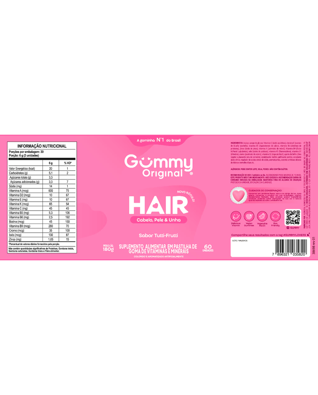 Gummy Original - Hair Suplemento Em Goma Vitamina Para Cabelos E Unhas 60 Gomas