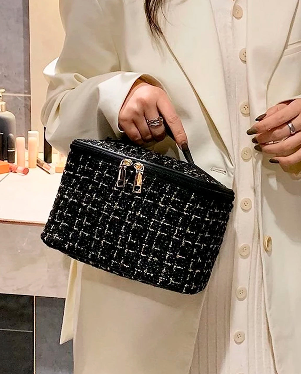 Bolsa Necessaire Tweed Feminina Com Zíper E Alça em Courinho