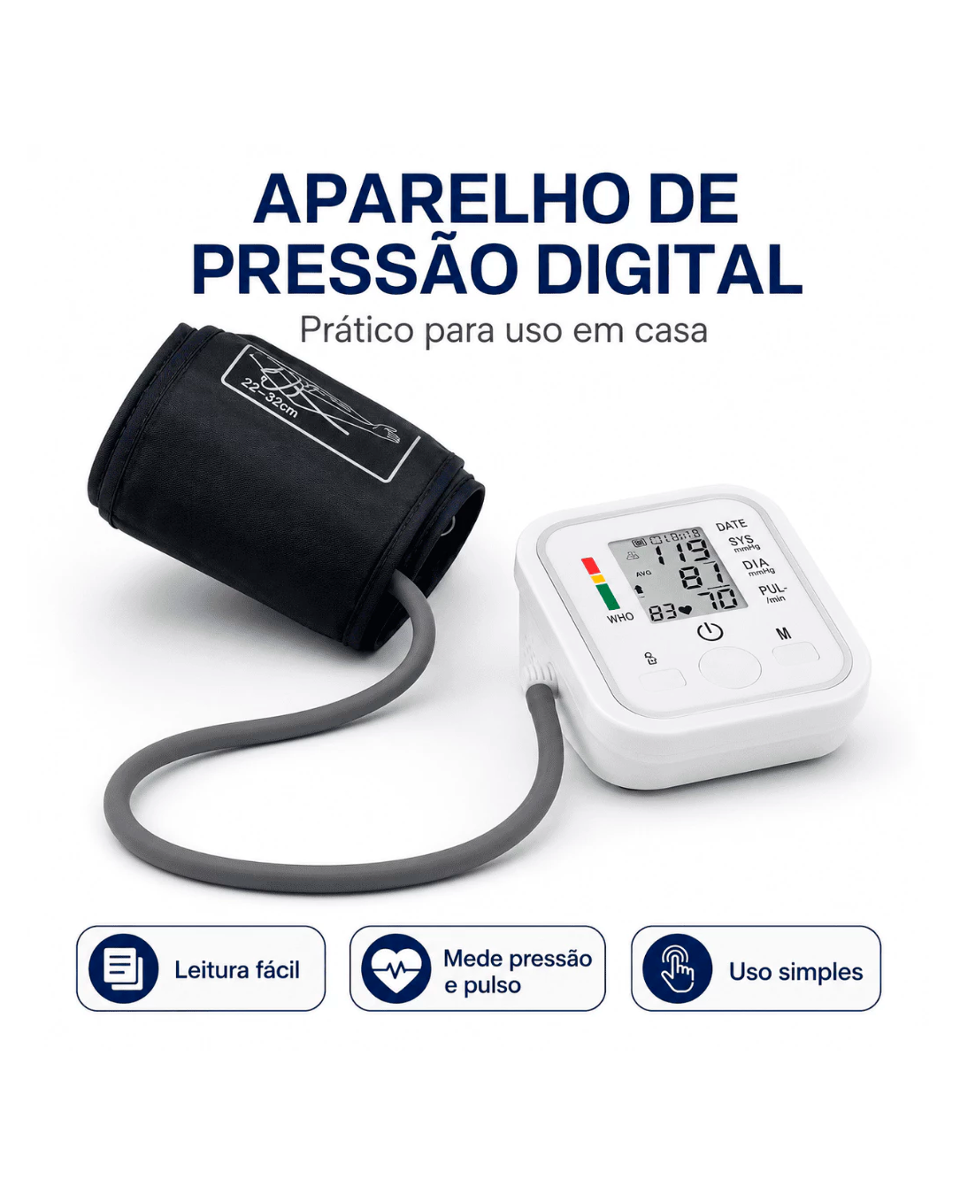 PRECISÃO ALTA Esfigmomanômetro Digital de Braço Tela Grande Voz em Português e Memória para Idosos