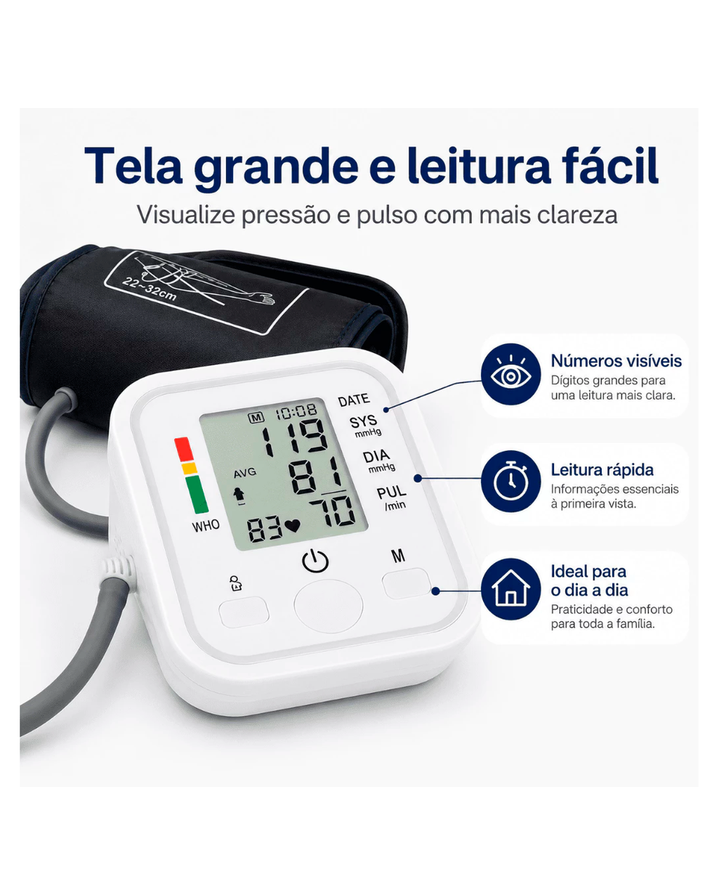 PRECISÃO ALTA Esfigmomanômetro Digital de Braço Tela Grande Voz em Português e Memória para Idosos