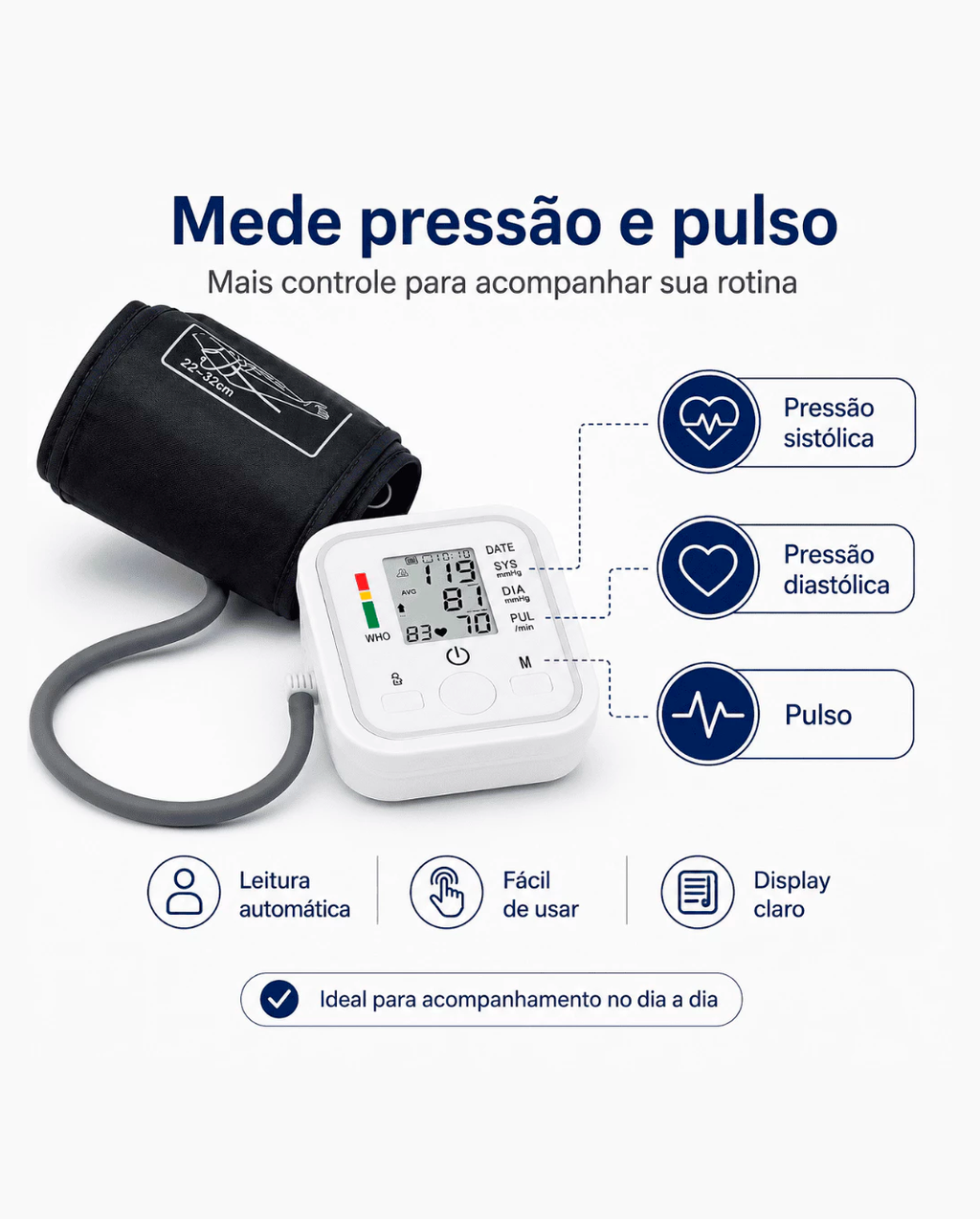 PRECISÃO ALTA Esfigmomanômetro Digital de Braço Tela Grande Voz em Português e Memória para Idosos