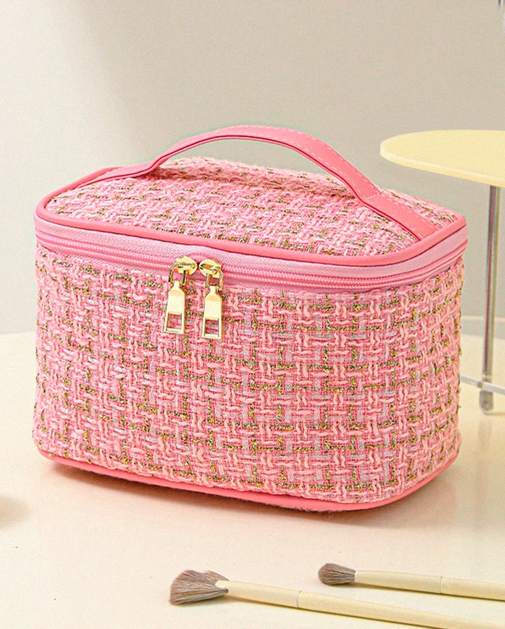 Bolsa Necessaire Tweed Feminina Com Zíper E Alça em Courinho