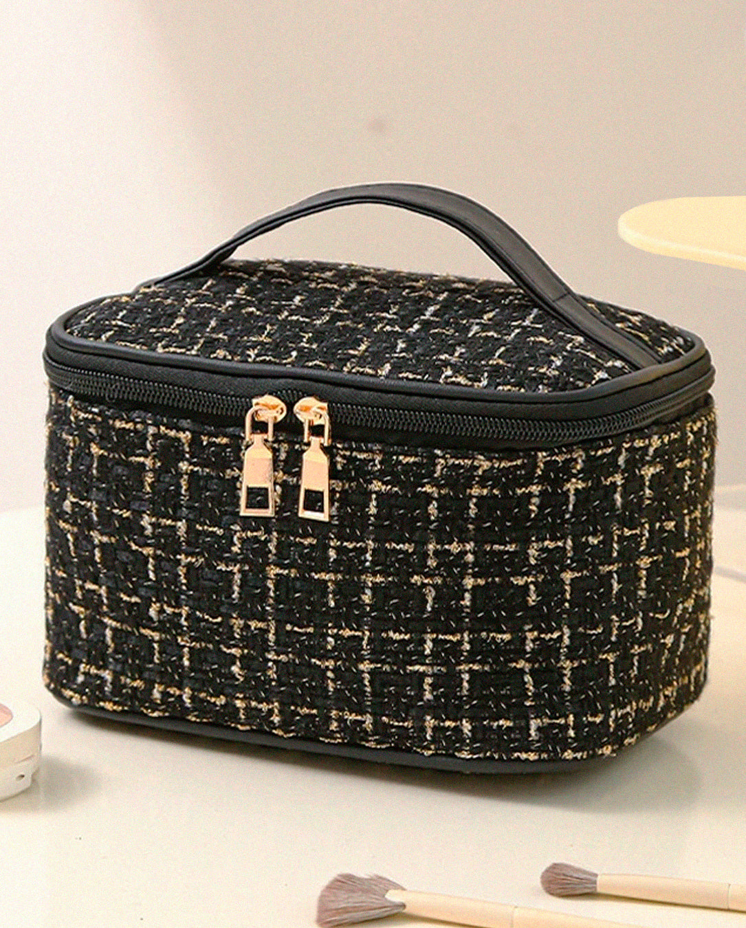 Bolsa Necessaire Tweed Feminina Com Zíper E Alça em Courinho