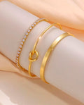 Kit Bracelete Nó Delicado + Bracelete Feminino Liso + Pulseira cravejada de Zircônia Banhada A Ouro 18k