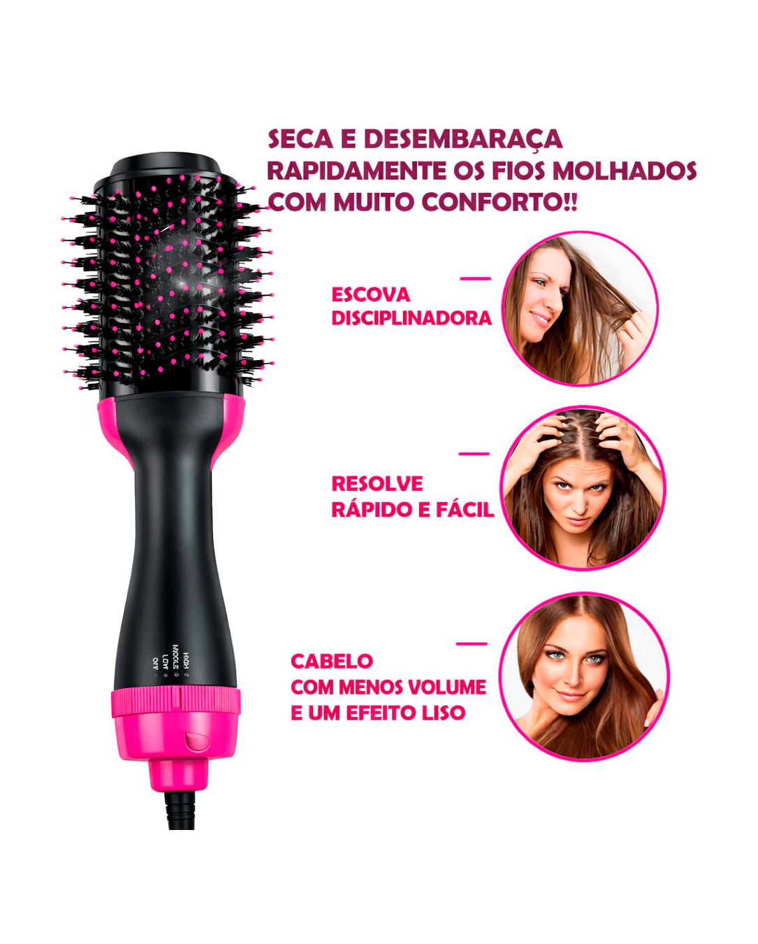 Escova Secadora 3 em 1 Profissional | 1000W | Alisa Seca Modela com Íons Antifrizz | 110V