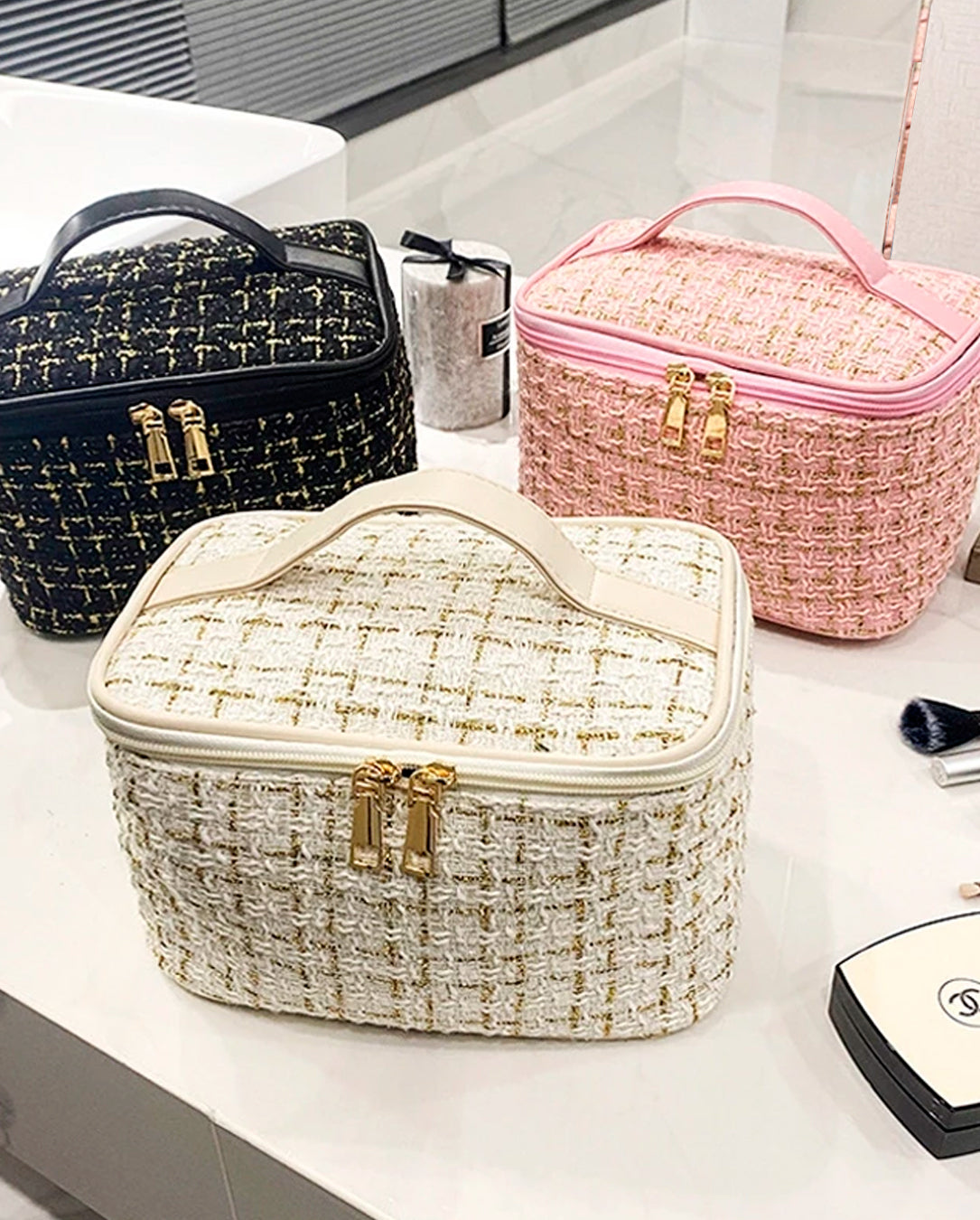Bolsa Necessaire Tweed Feminina Com Zíper E Alça em Courinho