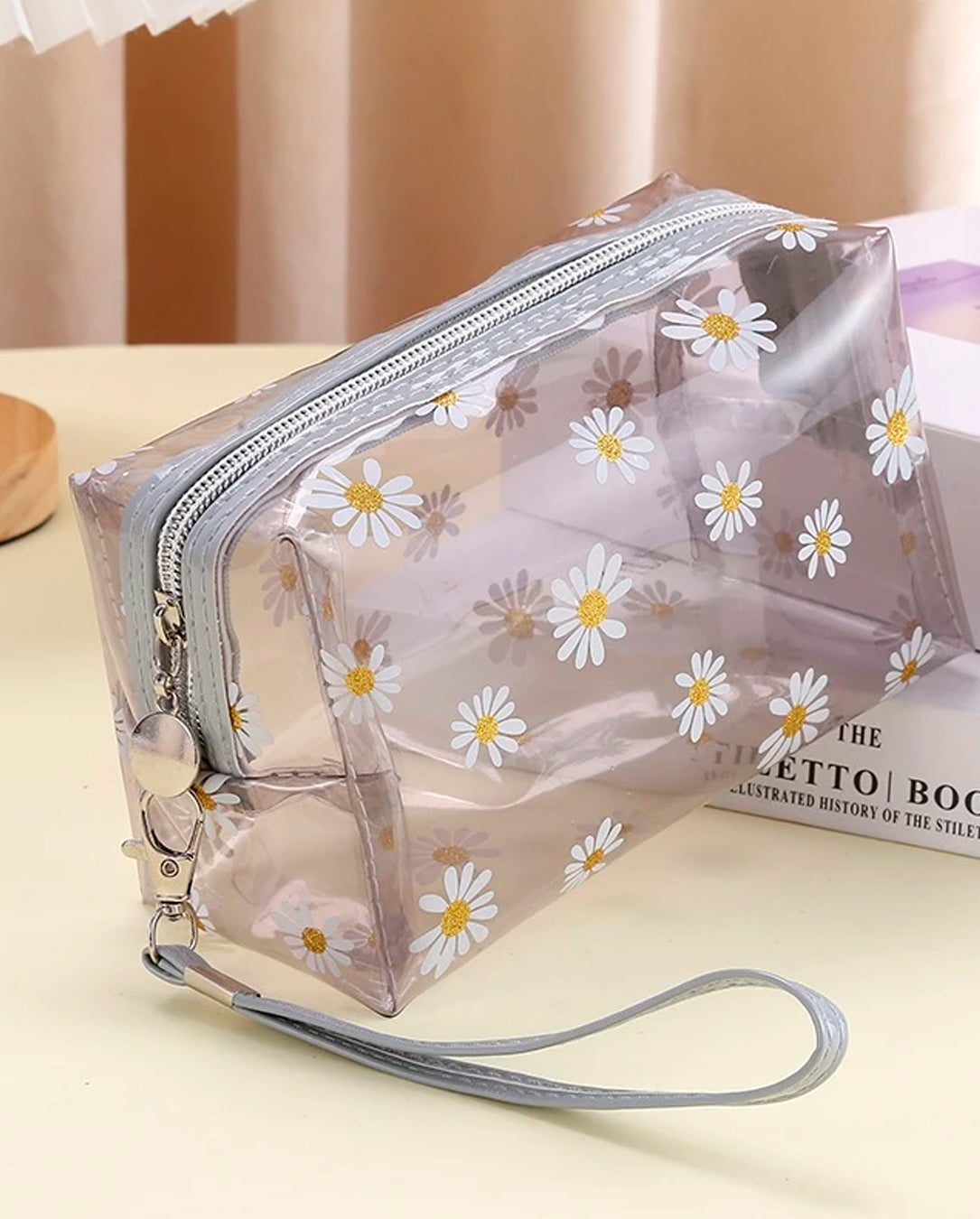 Kit 1 a 3 Unidades Bolsa Necessaire De Flores Transparente Com Alça Compacta