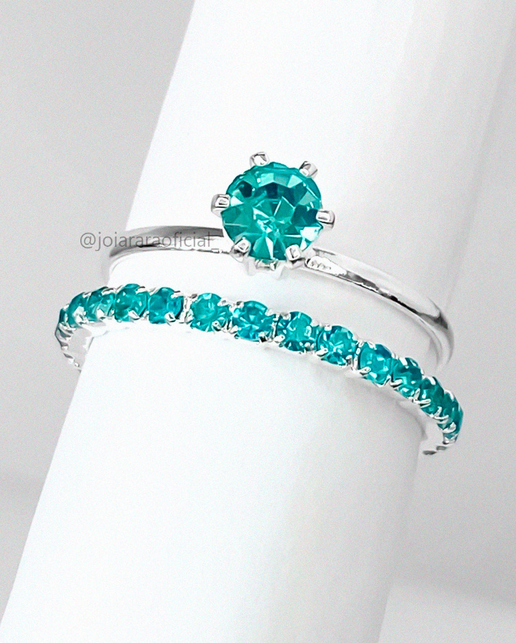 Kit 2 Anéis Banhados – Solitário e Aparador com Strass Azul Turquesa