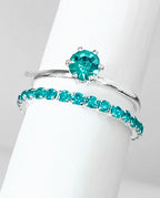 Kit 2 Anéis Banhados – Solitário e Aparador com Strass Azul Turquesa