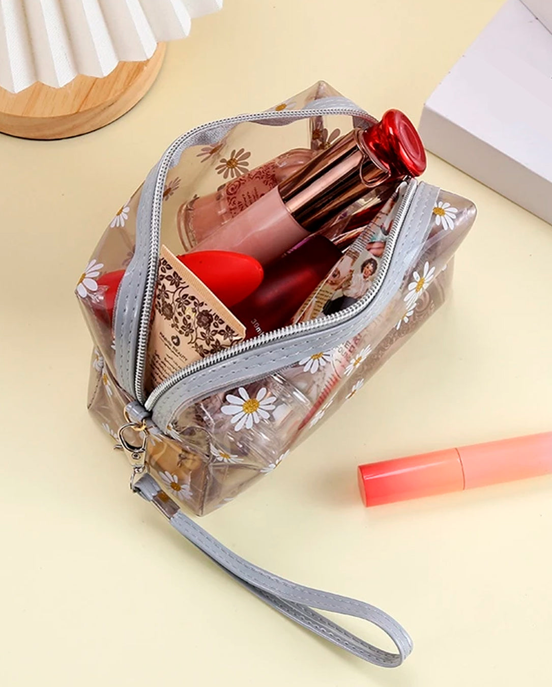 Kit 1 a 3 Unidades Bolsa Necessaire De Flores Transparente Com Alça Compacta
