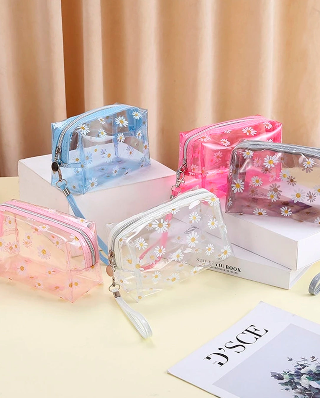 Kit 1 a 3 Unidades Bolsa Necessaire De Flores Transparente Com Alça Compacta