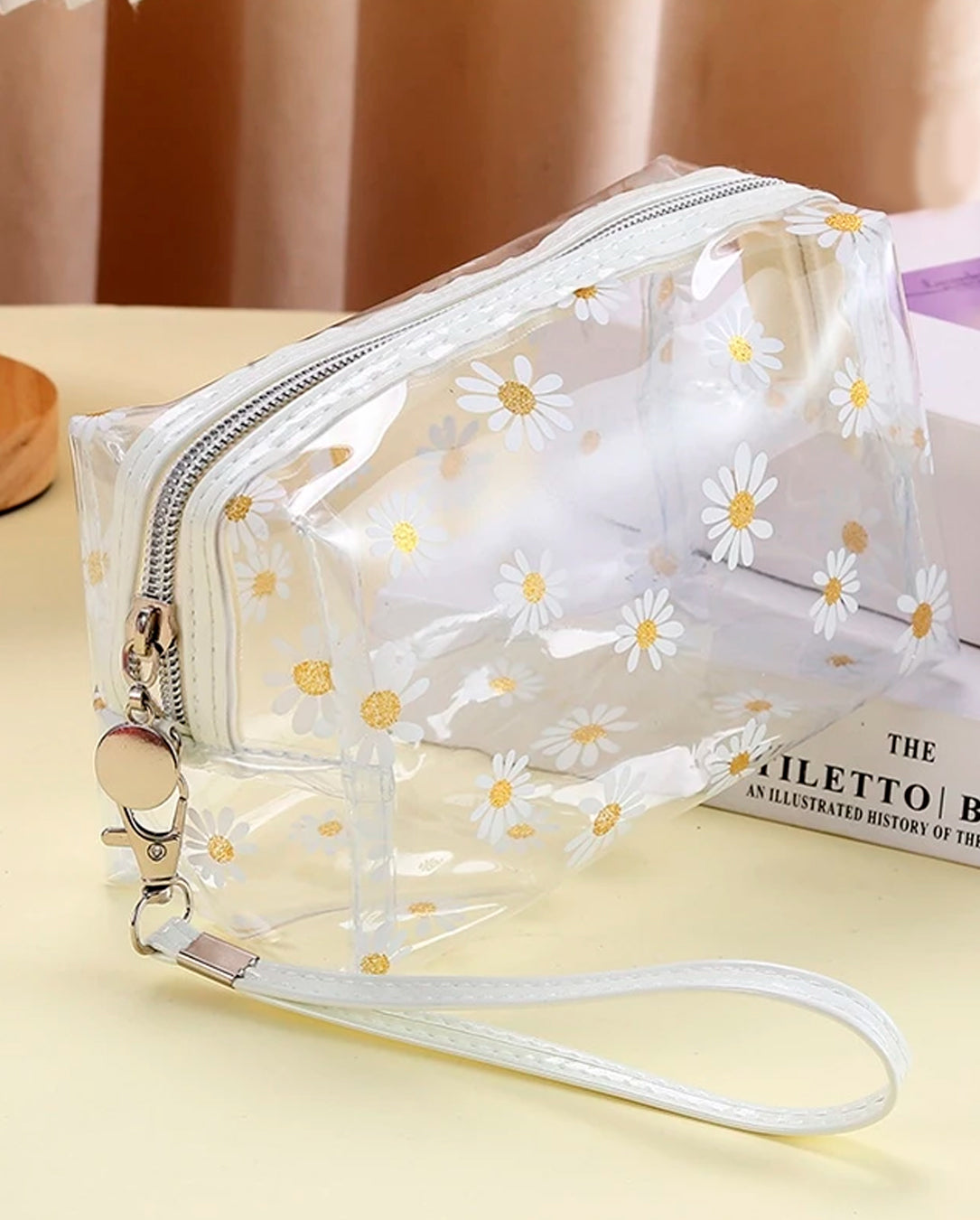 Kit 1 a 3 Unidades Bolsa Necessaire De Flores Transparente Com Alça Compacta