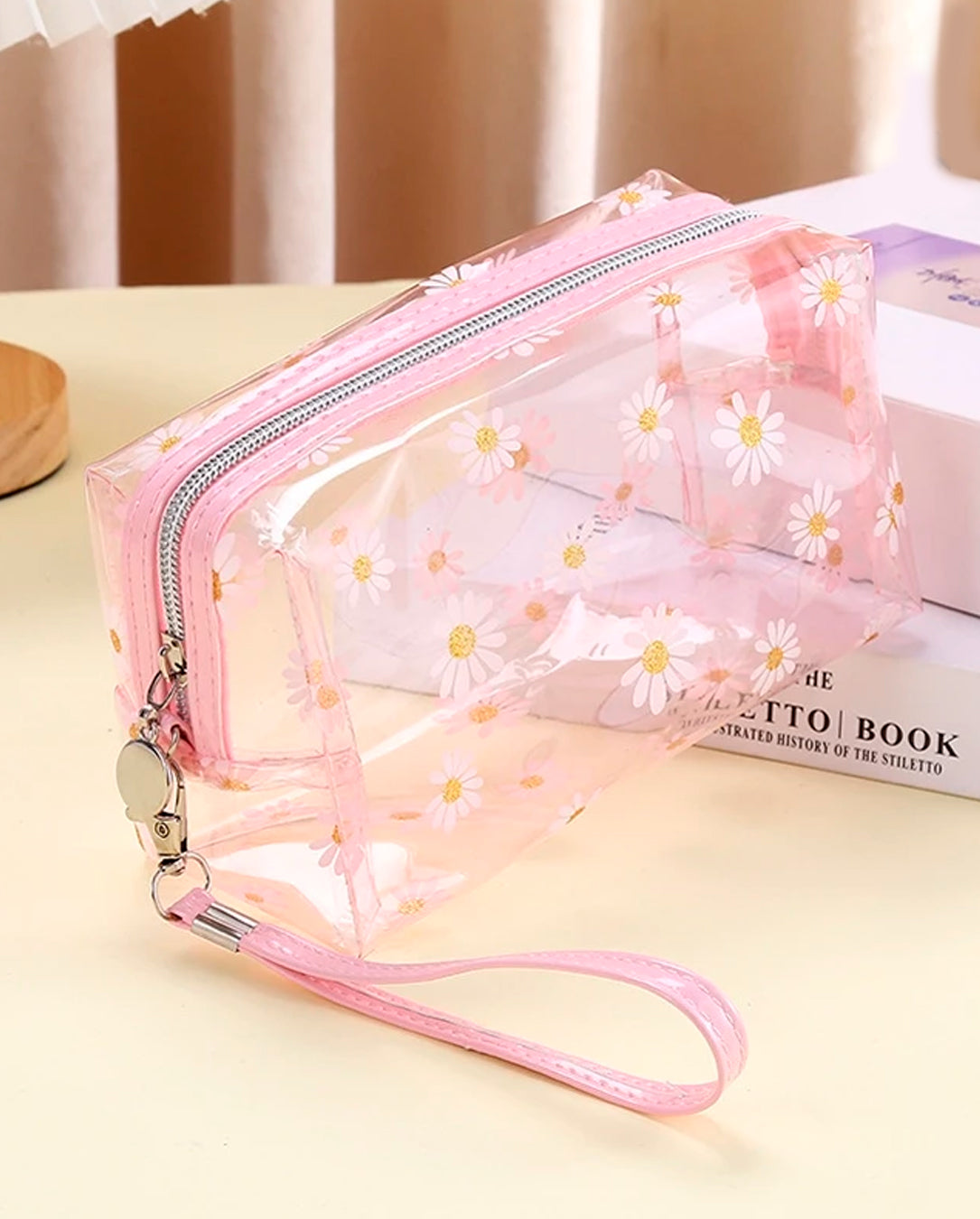 Kit 1 a 3 Unidades Bolsa Necessaire De Flores Transparente Com Alça Compacta