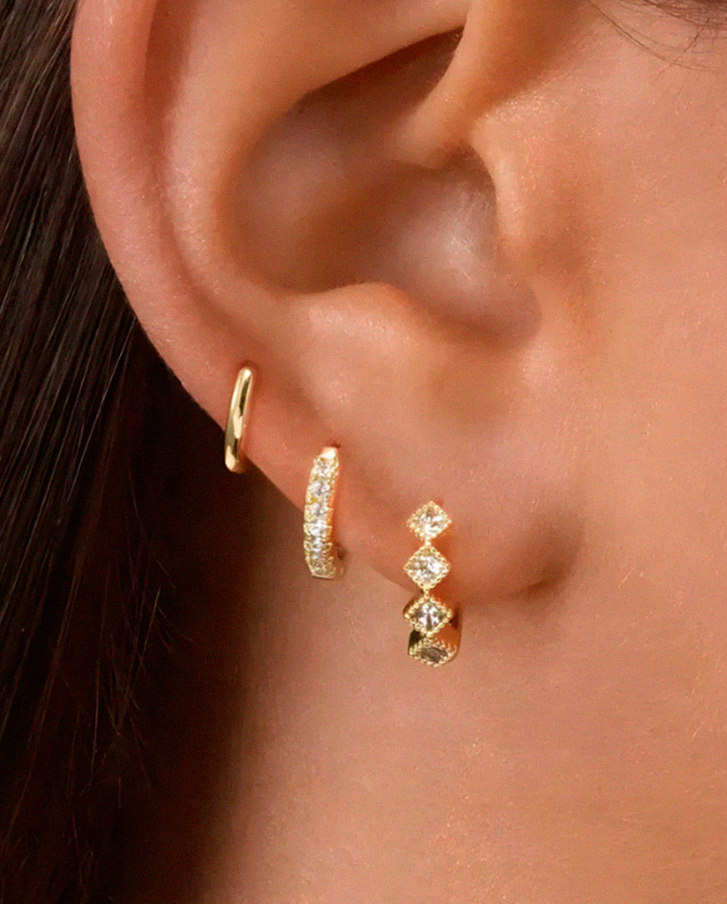 Kit 3 Pares de Brincos Argola Tripla com Zircônia Prata 925 ou Ouro 18K
