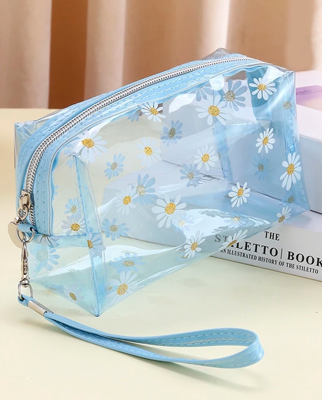 Kit 1 a 3 Unidades Bolsa Necessaire De Flores Transparente Com Alça Compacta