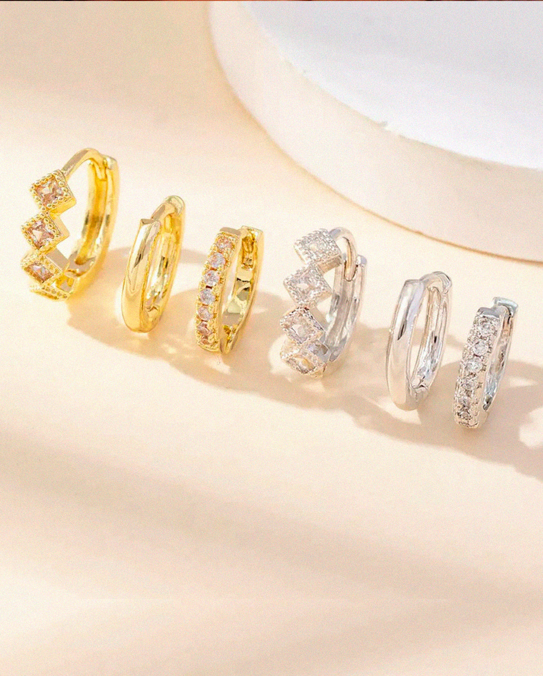 Kit 3 Pares de Brincos Argola Tripla com Zircônia Prata 925 ou Ouro 18K