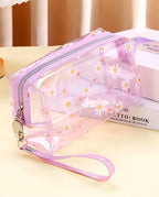 Kit 1 a 3 Unidades Bolsa Necessaire De Flores Transparente Com Alça Compacta