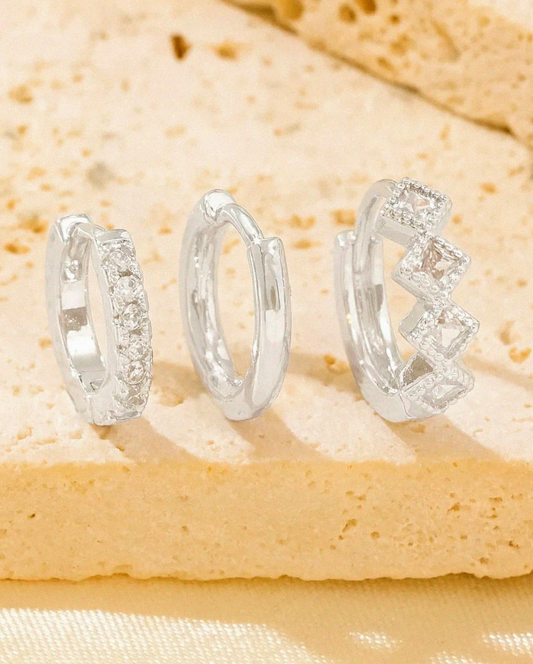 Kit 3 Pares de Brincos Argola Tripla com Zircônia Prata 925 ou Ouro 18K