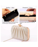 Bolsa Feminina Clutch De Festa Com Acabamento Em Cetim Plissado Bege Dourado