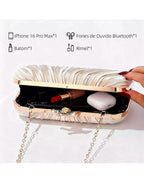 Bolsa Feminina Clutch De Festa Com Acabamento Em Cetim Plissado Bege Dourado