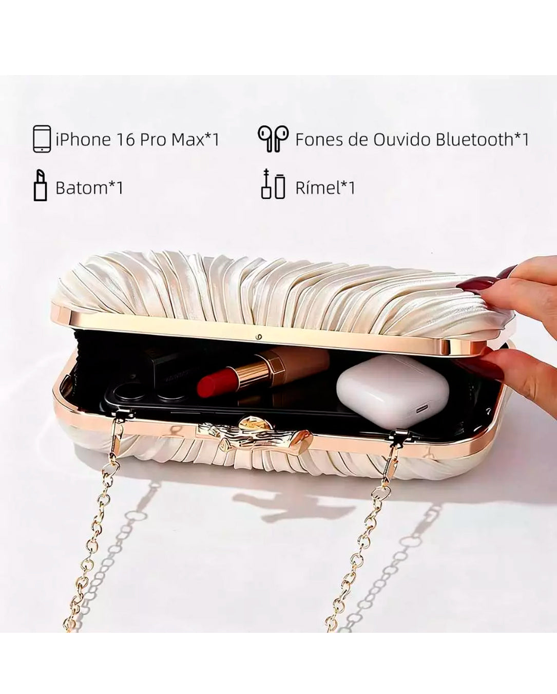 Bolsa Feminina Clutch De Festa Com Acabamento Em Cetim Plissado Bege Dourado