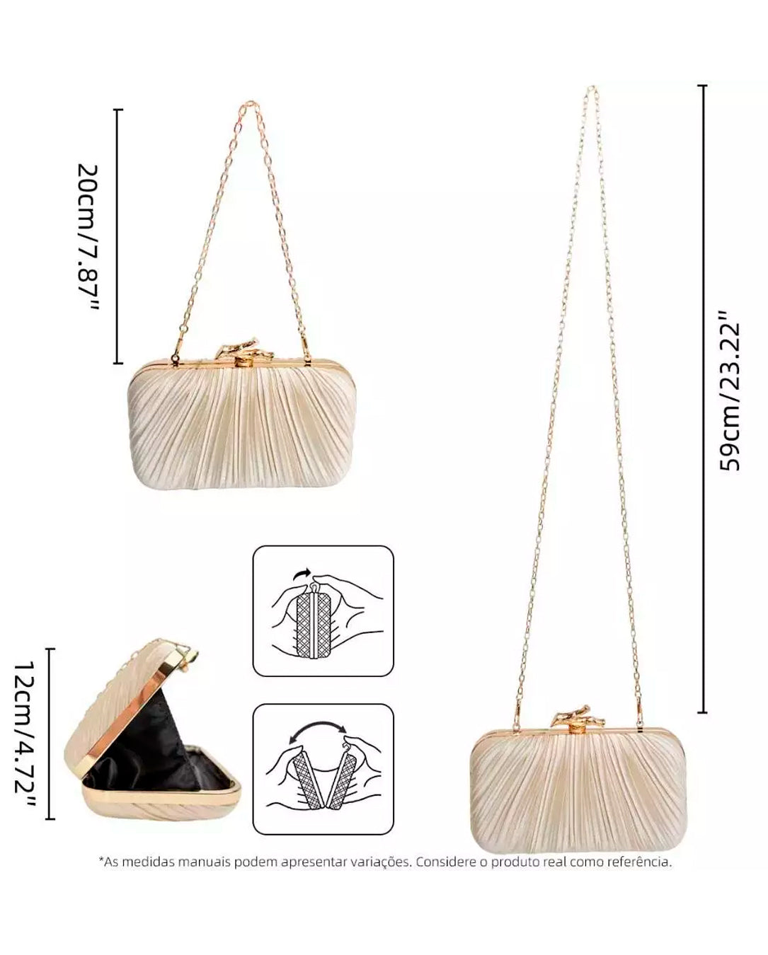 Bolsa Feminina Clutch De Festa Com Acabamento Em Cetim Plissado Bege Dourado