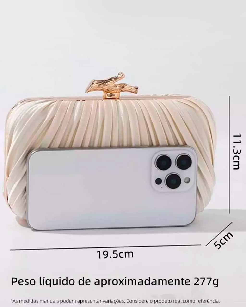 Bolsa Feminina Clutch De Festa Com Acabamento Em Cetim Plissado Bege Dourado