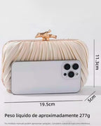Bolsa Feminina Clutch De Festa Com Acabamento Em Cetim Plissado Bege Dourado